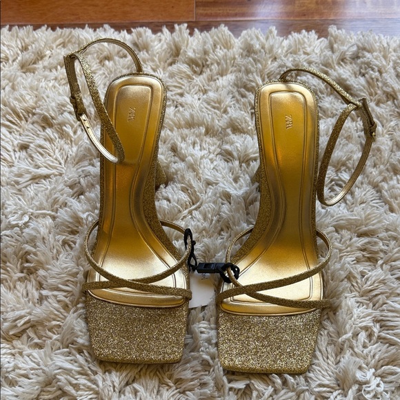Zara Shoes - Zara Gold Glitter Strappy Block Heel Sandals - Women